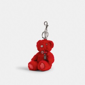 Coach Bear Bag Charm In Signature Shearling Silver/Sport Red Multi | COH866472