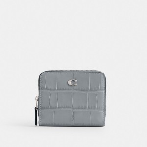 Coach Billfold Wallet Croc Embossed Leather/Silver/Grey Blue | COH865572