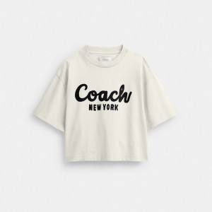 Coach Cursive Signature Cropped T Shirt Cream | COH865992