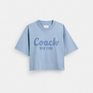 Coach Cursive Signature Cropped T Shirt Blue | COH865993