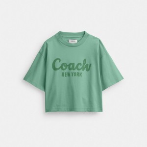 Coach Cursive Signature Cropped T Shirt Green | COH865994