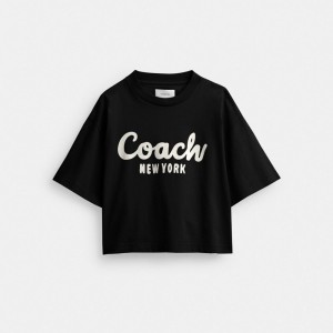 Coach Cursive Signature Cropped T Shirt Black | COH865996