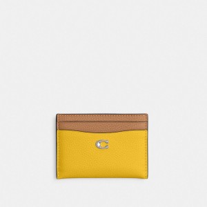 Coach Essential Card Case In Colorblock Polished Pebble Leather/Silver/Canary Multi | COH865610