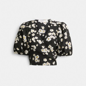 Coach Floral Wrap Blouse Black | COH866000