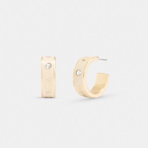 Coach Horse And Carriage Enamel Huggie Earrings Gold/Chalk | COH866224