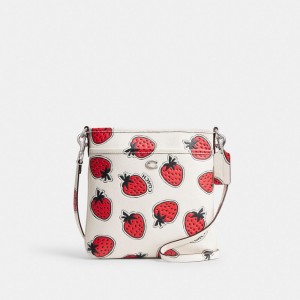 Coach Kitt Messenger Crossbody Bag With Strawberry Print Polished Pebble Leather/Silver/Chalk Multi | COH865377