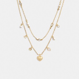 Coach Layered Heart Charm Necklace Gold/Pearl | COH866208