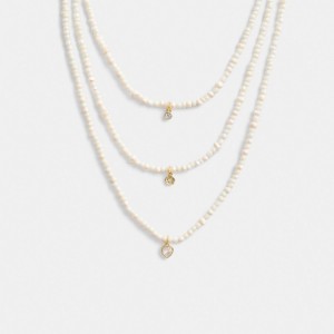 Coach Layered Pearl Charm Necklace Gold/Pearl | COH866207