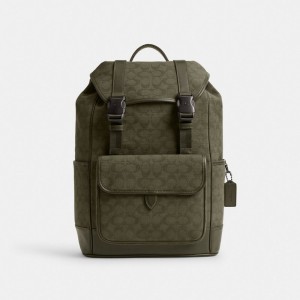 Coach League Flap Backpack In Signature Canvas Jacquard Army Green | COH866517