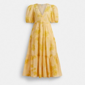 Coach Long Cotton Floral Dress Yellow | COH866067