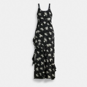 Coach Long Floral Ruffle Dress Black/White Multi | COH866064