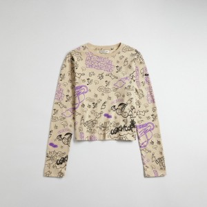 Coach Long Sleeve T Shirt: Comic Book Print Light Beige | COH865972