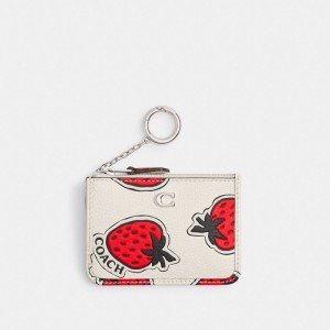 Coach Mini Skinny Id Case With Strawberry Print Polished Pebble Leather/Silver/Chalk Multi | COH865576