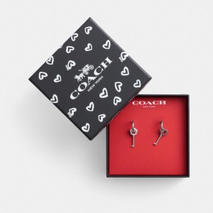 Coach Pavé Key Mismatch Huggie Earrings Silver/Pink Multi | COH866214