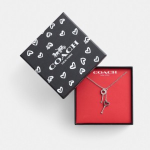 Coach Pavé Key Pendant Necklace Silver/Pink Multi | COH866213
