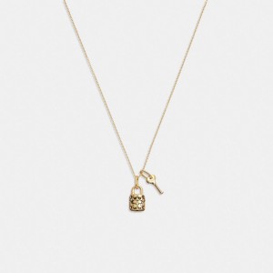 Coach Quilted Padlock Key Pendant Necklace Gold/Black | COH866100