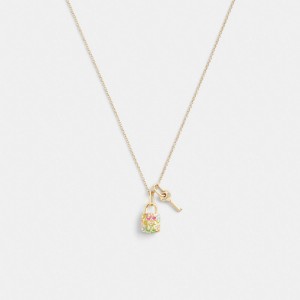 Coach Rainbow Quilted Padlock Key Pendant Necklace Gold/Multi | COH866143