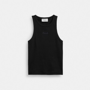 Coach Ribbed Script Tank Top Black | COH865950