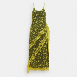 Coach Ruffle Lace Dress Yellow | COH866062