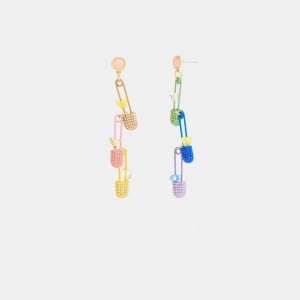 Coach Safety Pin Charm Drop Earrings Gold/Multi | COH866162