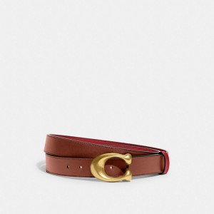 Coach Sculpted C Buckle Cut To Size Reversible Belt, 32 Mm Brass/Red/1941 Saddle | COH866313