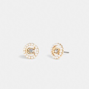 Coach Signature Crystal Pearl Stud Earrings Gold | COH866154
