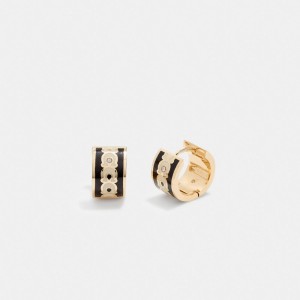 Coach Signature Enamel Hoop Earrings Gold/Black | COH866170