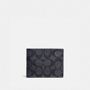 Coach Slim Billfold Wallet In Signature Canvas Signature Coated Canvas/Smooth Leather/Charcoal/Black | COH866709