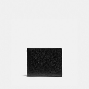 Coach Slim Billfold Wallet With Signature Canvas Detail Pebble Leather/Signature Coated Canvas/Black/Khaki | COH866711
