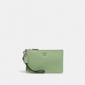 Coach Small Wristlet Polished Pebble Leather/Silver/Pale Pistachio | COH865626