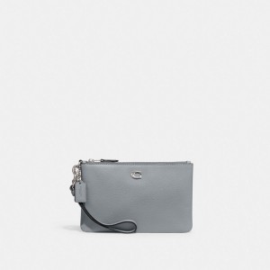 Coach Small Wristlet Polished Pebble Leather/Silver/Grey Blue | COH865633