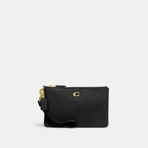 Coach Small Wristlet Polished Pebble Leather/Brass/Black | COH865644