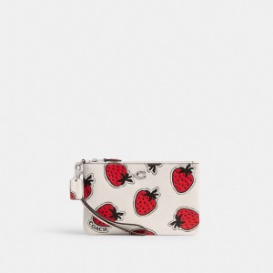 Coach Small Wristlet With Strawberry Print Polished Pebble Leather/Silver/Chalk Multi | COH865577