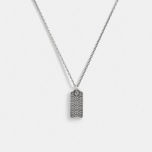 Coach Sterling Silver Quilted Hangtag Long Pendant Necklace Silver | COH867029