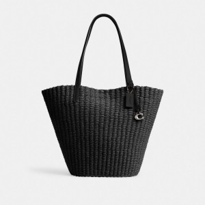 Coach Straw Tote Silver/Black | COH865087