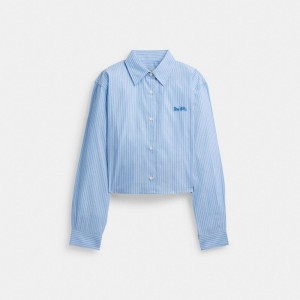 Coach Striped Cropped Button Up Shirt Blue Multi | COH865981