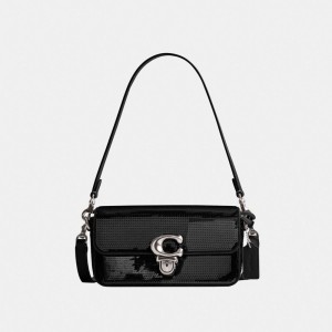 Coach Studio Baguette Bag With Sequins Calf Leather/Silver/Black | COH864925