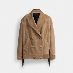 Coach Suede Fringe Jacket Dark Beige | COH865936