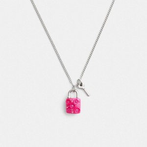 Coach Tea Rose Padlock And Key Pendant Necklace Silver/Pink | COH866212
