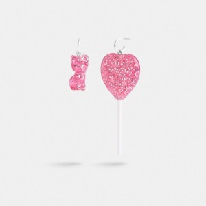 Coach The Lil Nas X Drop Cat And Heart Lollipop Mismatch Earrings Silver/Pink | COH866114