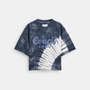 Coach Tie Dye Cursive Signature Cropped T Shirt In Organic Cotton Navy Multi | COH866006