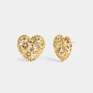Coach Vintage Heart Statement Stud Earrings Gold | COH866144