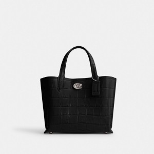 Coach Willow Tote Bag 24 Embossed Crocodile/Silver/Black | COH865042