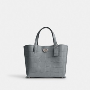 Coach Willow Tote Bag 24 Embossed Crocodile/Silver/Grey Blue Multi | COH865079