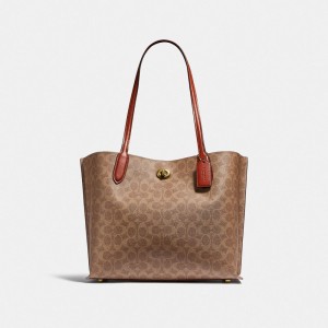 Coach Willow Tote Bag In Signature Canvas Signature Coated Canvas/Brass/Tan/Rust | COH865061