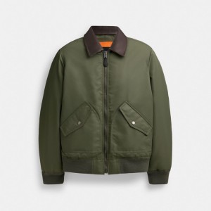 Coach Woven Jacket With Leather Collar Green | COH866862
